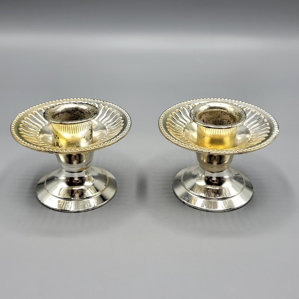 Atlas Candlestick Holders Pair Silver Plated Pierced Rim Made in England